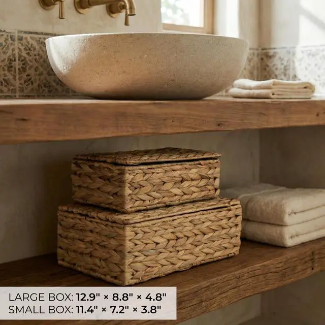 Alt view image 5 of 7 - Storage Boxes with Lids - Set of 2 Wicker Organizer Shelf Bins | Beautiful Rattan Boho Design for Shelves and Home Decor - Safely Store Photos, Documents and Memory Box Keepsakes in Style