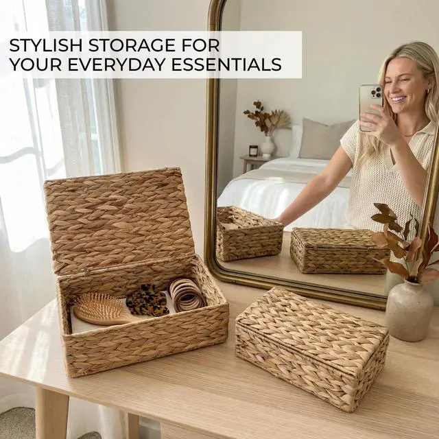 Alt view image 6 of 7 - Storage Boxes with Lids - Set of 2 Wicker Organizer Shelf Bins | Beautiful Rattan Boho Design for Shelves and Home Decor - Safely Store Photos, Documents and Memory Box Keepsakes in Style