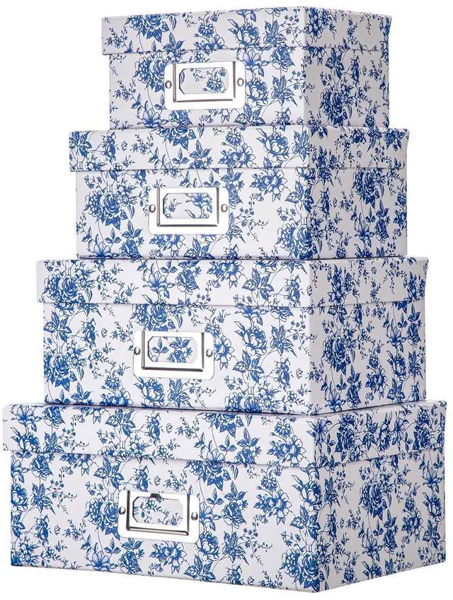 Main image of Blue White Floral Nested Decorative Storage Boxes with Lids | 4Pcs Vanity Desktop Organizer Bin, Cardboard Photo Boxes Storage for Makeup, Office Supplies, Entryway Shelf Decor, Gift Box