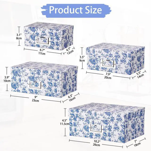 Alt view image 2 of 6 - Blue White Floral Nested Decorative Storage Boxes with Lids | 4Pcs Vanity Desktop Organizer Bin, Cardboard Photo Boxes Storage for Makeup, Office Supplies, Entryway Shelf Decor, Gift Box