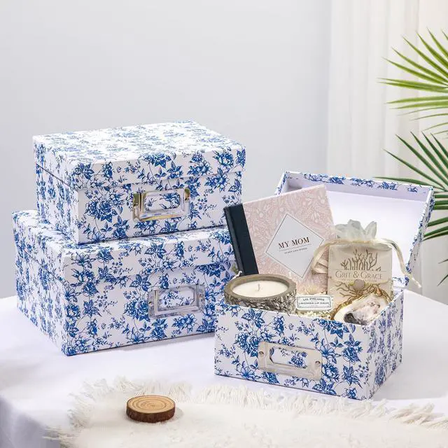 Alt view image 3 of 6 - Blue White Floral Nested Decorative Storage Boxes with Lids | 4Pcs Vanity Desktop Organizer Bin, Cardboard Photo Boxes Storage for Makeup, Office Supplies, Entryway Shelf Decor, Gift Box