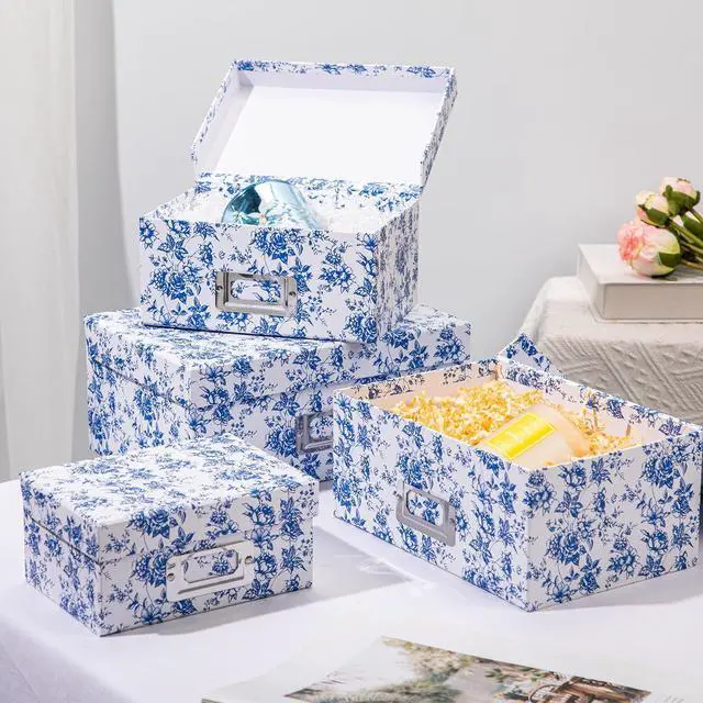 Alt view image 4 of 6 - Blue White Floral Nested Decorative Storage Boxes with Lids | 4Pcs Vanity Desktop Organizer Bin, Cardboard Photo Boxes Storage for Makeup, Office Supplies, Entryway Shelf Decor, Gift Box