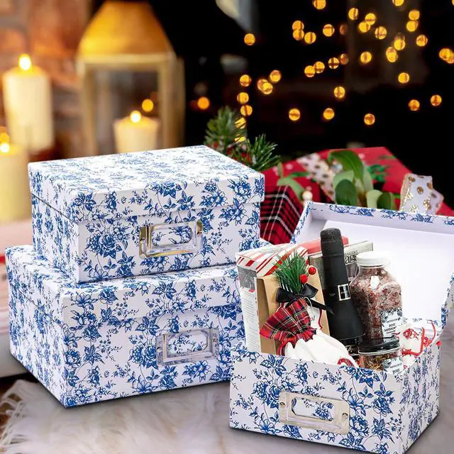 Alt view image 6 of 6 - Blue White Floral Nested Decorative Storage Boxes with Lids | 4Pcs Vanity Desktop Organizer Bin, Cardboard Photo Boxes Storage for Makeup, Office Supplies, Entryway Shelf Decor, Gift Box