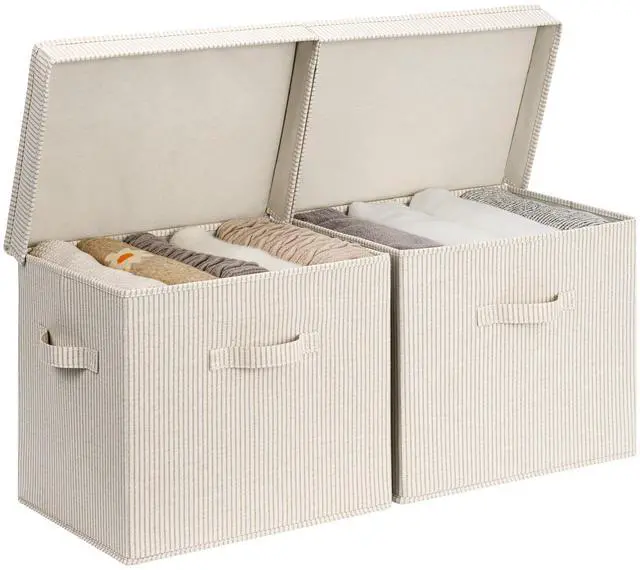 Main image of Storage Bins with Lids, Fabric Closet Storage Bins, Large | One-Piece Lid & 3 Handles, For Clothes, Blankets, Collapsible & Stackable Closet Organizer, Bedroom, Khaki and Beige Stripes