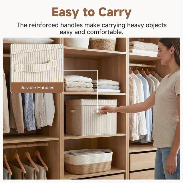Alt view image 3 of 7 - Storage Bins with Lids, Fabric Closet Storage Bins, Large | One-Piece Lid & 3 Handles, For Clothes, Blankets, Collapsible & Stackable Closet Organizer, Bedroom, Khaki and Beige Stripes