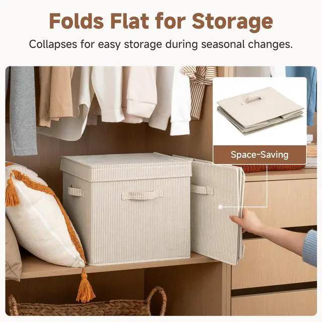 Alt view image 4 of 7 - Storage Bins with Lids, Fabric Closet Storage Bins, Large | One-Piece Lid & 3 Handles, For Clothes, Blankets, Collapsible & Stackable Closet Organizer, Bedroom, Khaki and Beige Stripes