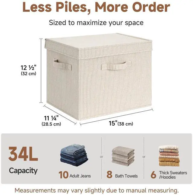 Alt view image 5 of 7 - Storage Bins with Lids, Fabric Closet Storage Bins, Large | One-Piece Lid & 3 Handles, For Clothes, Blankets, Collapsible & Stackable Closet Organizer, Bedroom, Khaki and Beige Stripes