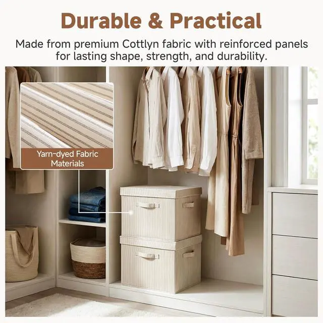 Alt view image 7 of 7 - Storage Bins with Lids, Fabric Closet Storage Bins, Large | One-Piece Lid & 3 Handles, For Clothes, Blankets, Collapsible & Stackable Closet Organizer, Bedroom, Khaki and Beige Stripes
