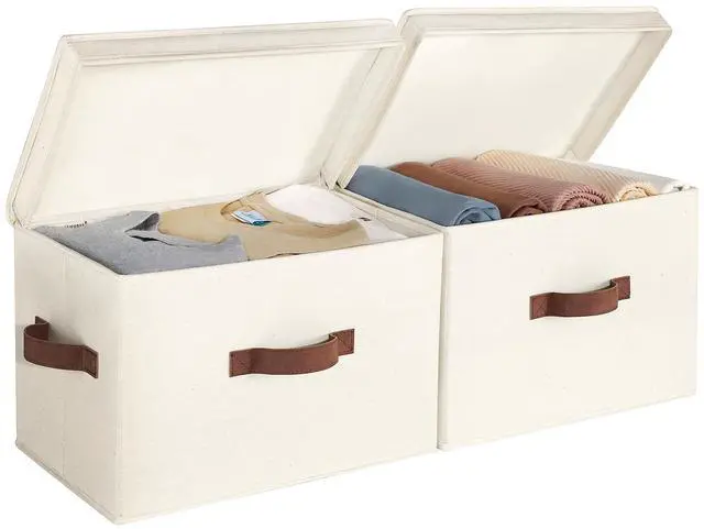 Main image of Fabric Storage Bins with Lids, Closet Storage Bins | Flip-Top Lid, 3 Handles, Collapsible, Stackable, for Clothes Blankets, Multi-Purpose, Large, Ivory White, 2-Pack