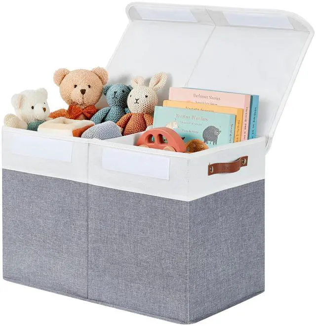Main image of Large Toy Storage Box, Toy Storage Bins with Lid (Grey & White) | 25" x 12" x 16" Toy Chest Storage, Sturdy Collapsible Kids Toy Storage, Baby Storage Organizer for Kids, Playroom, Nursery