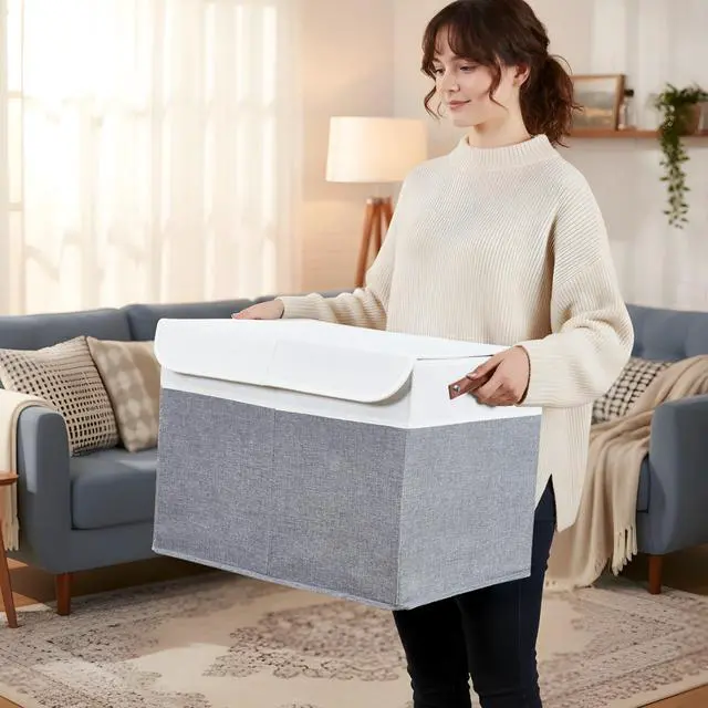 Alt view image 6 of 7 - Large Toy Storage Box, Toy Storage Bins with Lid (Grey & White) | 25" x 12" x 16" Toy Chest Storage, Sturdy Collapsible Kids Toy Storage, Baby Storage Organizer for Kids, Playroom, Nursery