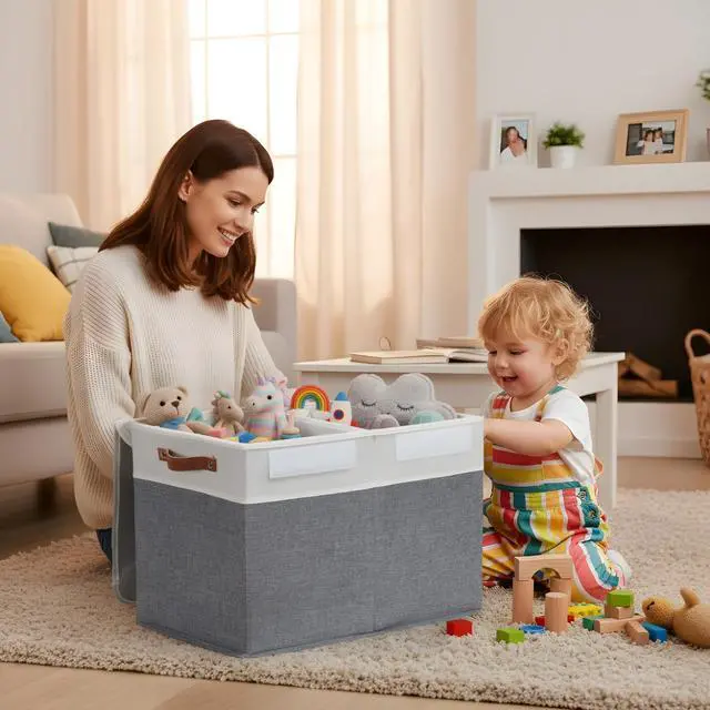 Alt view image 7 of 7 - Large Toy Storage Box, Toy Storage Bins with Lid (Grey & White) | 25" x 12" x 16" Toy Chest Storage, Sturdy Collapsible Kids Toy Storage, Baby Storage Organizer for Kids, Playroom, Nursery
