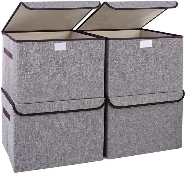 Main image of Large 22 Quart Linen Fabric Foldable Storage Bin Cube Organizer Basket with Flip-Top Lid & Handles, Clothes Blanket Box for Home, Office, Closet, Gray, 4 Pack 14.6 x 9.5 x 9.5