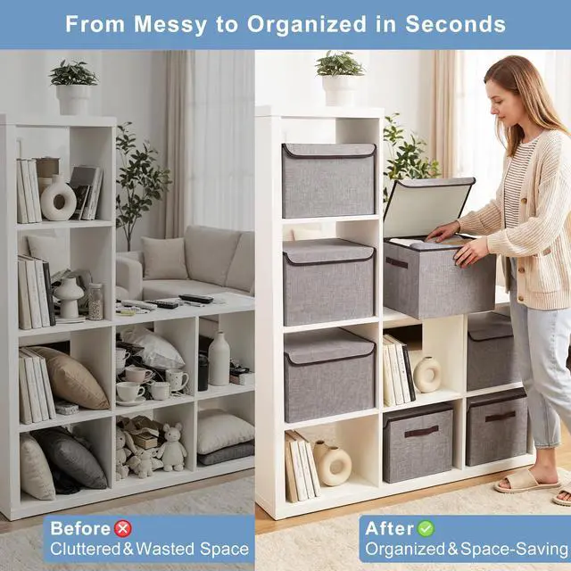 Alt view image 2 of 7 - Large 22 Quart Linen Fabric Foldable Storage Bin Cube Organizer Basket with Flip-Top Lid & Handles, Clothes Blanket Box for Home, Office, Closet, Gray, 4 Pack 14.6 x 9.5 x 9.5