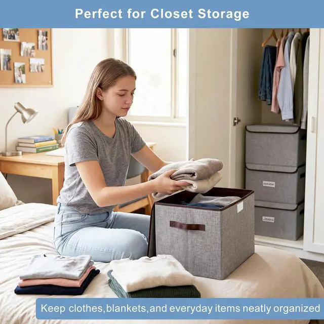 Alt view image 3 of 7 - Large 22 Quart Linen Fabric Foldable Storage Bin Cube Organizer Basket with Flip-Top Lid & Handles, Clothes Blanket Box for Home, Office, Closet, Gray, 4 Pack 14.6 x 9.5 x 9.5