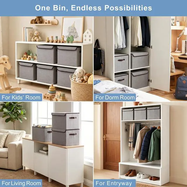 Alt view image 4 of 7 - Large 22 Quart Linen Fabric Foldable Storage Bin Cube Organizer Basket with Flip-Top Lid & Handles, Clothes Blanket Box for Home, Office, Closet, Gray, 4 Pack 14.6 x 9.5 x 9.5