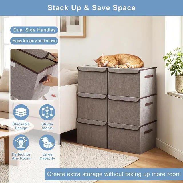 Alt view image 5 of 7 - Large 22 Quart Linen Fabric Foldable Storage Bin Cube Organizer Basket with Flip-Top Lid & Handles, Clothes Blanket Box for Home, Office, Closet, Gray, 4 Pack 14.6 x 9.5 x 9.5
