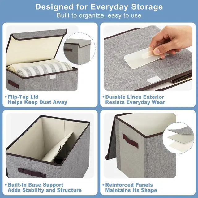 Alt view image 6 of 7 - Large 22 Quart Linen Fabric Foldable Storage Bin Cube Organizer Basket with Flip-Top Lid & Handles, Clothes Blanket Box for Home, Office, Closet, Gray, 4 Pack 14.6 x 9.5 x 9.5