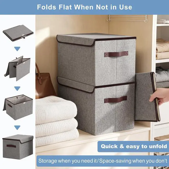 Alt view image 7 of 7 - Large 22 Quart Linen Fabric Foldable Storage Bin Cube Organizer Basket with Flip-Top Lid & Handles, Clothes Blanket Box for Home, Office, Closet, Gray, 4 Pack 14.6 x 9.5 x 9.5