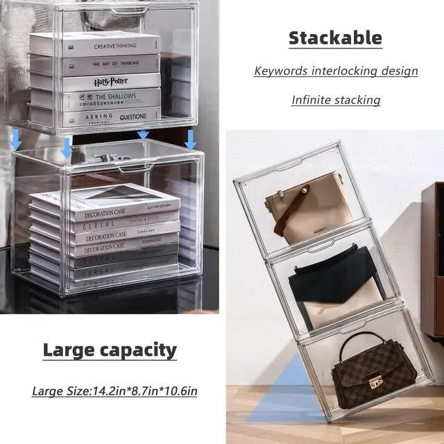 Alt view image 3 of 6 - Stackable Plastic Storage Bins, X-Large | Stackable Storage Bin with Magnetic Attraction Lid, XL Clear Acrylic Case, Showcase for Cosmetic, Large Figures Collectibles