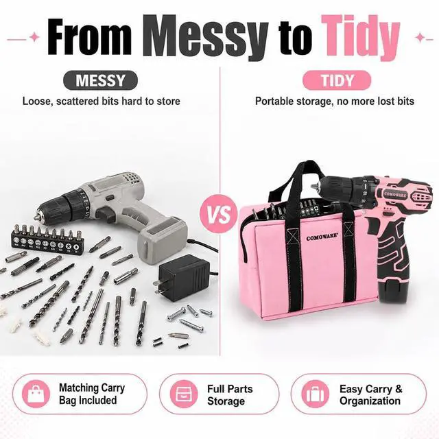Alt view image 6 of 7 - 12V Lightweight Electric Screwdriver with 3/8" Keyless Chuck, 1.5Ah Battery - Portable Power Drill Kit with Pink Tool Bag for Home DIY Projects | 2 Variable Speed, 277 In-lb Torque,
