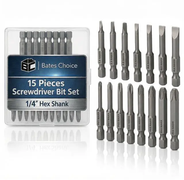 Main image of Bates- Screwdriver Bits Set, 2 Inch, 15 pcs, 1/4 Hex, S2 Steel, Triangle Slotted Phillips Magnetic Drill Bit Set