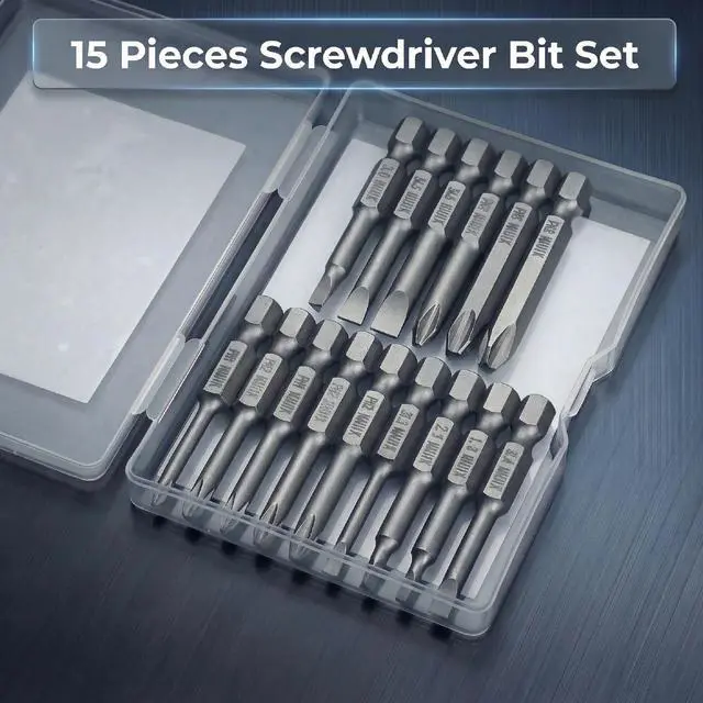Alt view image 2 of 7 - Bates- Screwdriver Bits Set, 2 Inch, 15 pcs, 1/4 Hex, S2 Steel, Triangle Slotted Phillips Magnetic Drill Bit Set