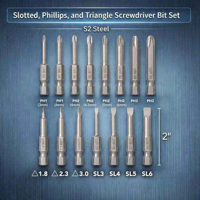 Alt view image 3 of 7 - Bates- Screwdriver Bits Set, 2 Inch, 15 pcs, 1/4 Hex, S2 Steel, Triangle Slotted Phillips Magnetic Drill Bit Set