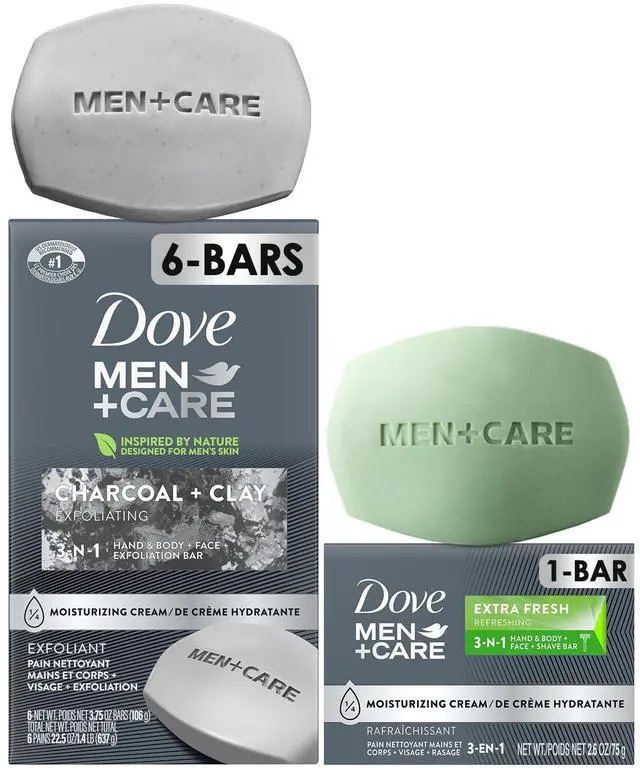 Main image of Men+Care Body + Face Bar Pack (6 Large Bars) + Travel-Size Soap Bar Exfoliating 3-in-1 Charcoal Soap with Clay for Skin Care, Hands & Shaving