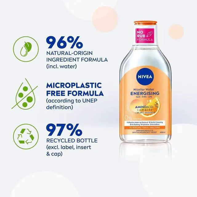 Alt view image 2 of 5 - Energizing Micellar Water Facial Cleanser with Vitamin C and Amino Acid Complex, Gentle Makeup Removal and Daily Face Cleansing Liquid for Face Eyes and Lips, Fragrance Free, 400 ml / 13.5 fl oz