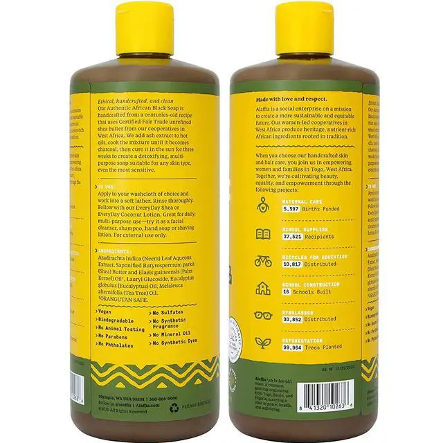 Alt view image 2 of 7 - Authentic African Black Soap, Eucalyptus Tea Tree, 2 Sizes | All-In-One Liquid Soap with Unrefined Shea Butter | Detoxifying Hand & Body Wash, Facial Cleanser, Shampoo, and Shave Soap