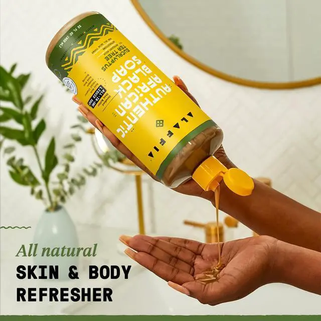 Alt view image 3 of 7 - Authentic African Black Soap, Eucalyptus Tea Tree, 2 Sizes | All-In-One Liquid Soap with Unrefined Shea Butter | Detoxifying Hand & Body Wash, Facial Cleanser, Shampoo, and Shave Soap