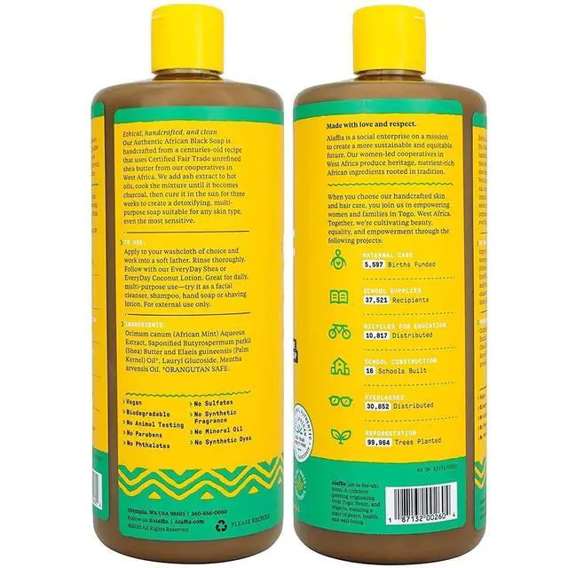 Alt view image 2 of 7 - Authentic African Black Soap Variety 2-Pack All-In-One Liquid Soap, Travel-Size Eucalyptus Tea Tree + Full-Size Peppermint Body Wash, Face Wash, Shampoo, Shaving Soap