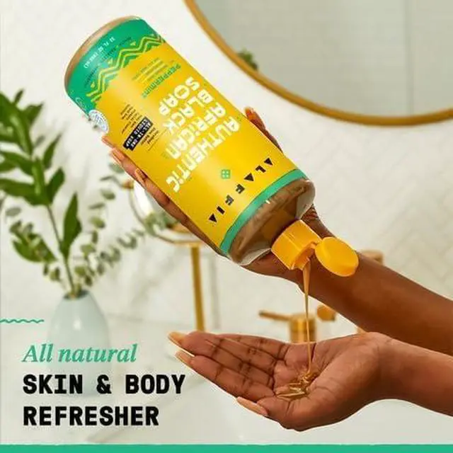 Alt view image 4 of 7 - Authentic African Black Soap Variety 2-Pack All-In-One Liquid Soap, Travel-Size Eucalyptus Tea Tree + Full-Size Peppermint Body Wash, Face Wash, Shampoo, Shaving Soap