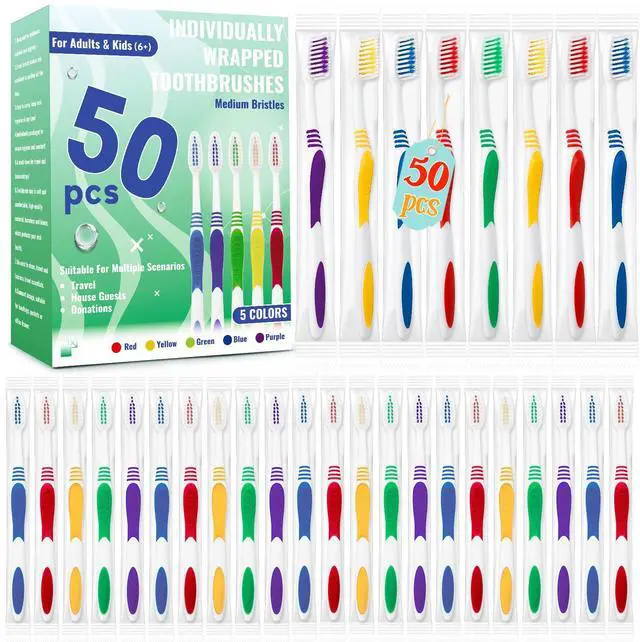 Main image of 50 Pcs Toothbrush Bulk Disposable, Travel Toothbrushes Pack, Soft Bristle Individually Wrapped and Good Cleaning for Kids, Adult and The Elderly. Suitable for Hotel, Travel, Home, Donated