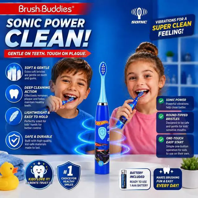 Alt view image 4 of 5 - Hot Wheels Battery Powered Sonic Electric Kids Toothbrush Soft Bristles Rounded Head Children Boys Girls Blue Gentle Cleaning Easy Grip Handle Plaque Removal Oral Care
