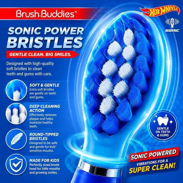 Alt view image 3 of 5 - Hot Wheels Battery Powered Sonic Electric Kids Toothbrush Soft Bristles Rounded Head Children Boys Girls Blue Gentle Cleaning Easy Grip Handle Plaque Removal Oral Care