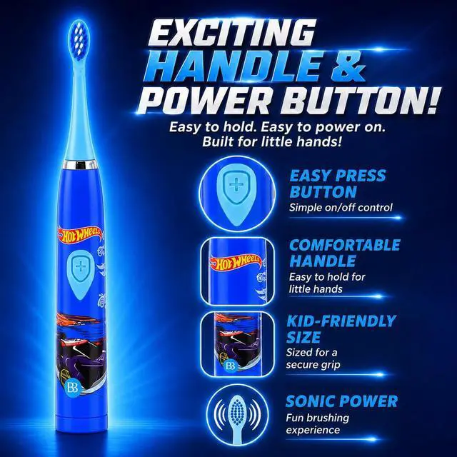 Alt view image 2 of 5 - Hot Wheels Battery Powered Sonic Electric Kids Toothbrush Soft Bristles Rounded Head Children Boys Girls Blue Gentle Cleaning Easy Grip Handle Plaque Removal Oral Care