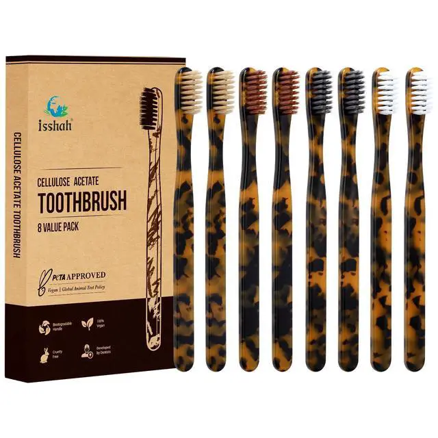 Main image of Plant-Based Cellulose Acetate Toothbrushes - 8 Pack - Tortoise | Eco-friendly cellulose acetate toothbrushes with classic tortoiseshell colorway, soft nylon bristles, 8 count family pack