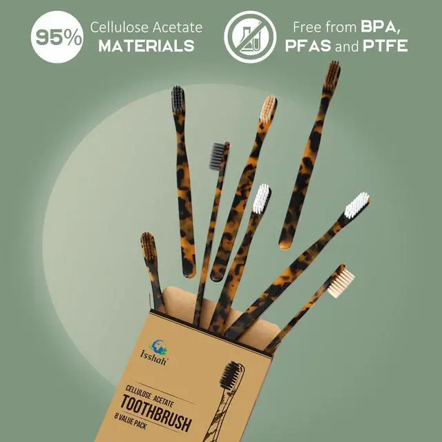 Alt view image 4 of 7 - Plant-Based Cellulose Acetate Toothbrushes - 8 Pack - Tortoise | Eco-friendly cellulose acetate toothbrushes with classic tortoiseshell colorway, soft nylon bristles, 8 count family pack