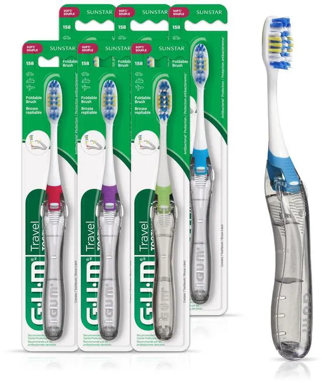 Main image of Folding Travel , Soft Bristle, Compact Head, 1 Count (6 Pack) | Tri-fold foldable design, Built-in tongue scraper, Hygienic-treated bristles, essential