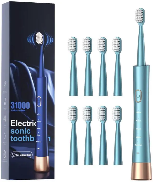 Main image of USB Rechargeable Sonic Electric Toothbrush for Adults, Powered Motor High Vibration Teeth & Gum Care, Soft Dupont Brush Heads, 2 Minutes Timer 5 Modes, Green