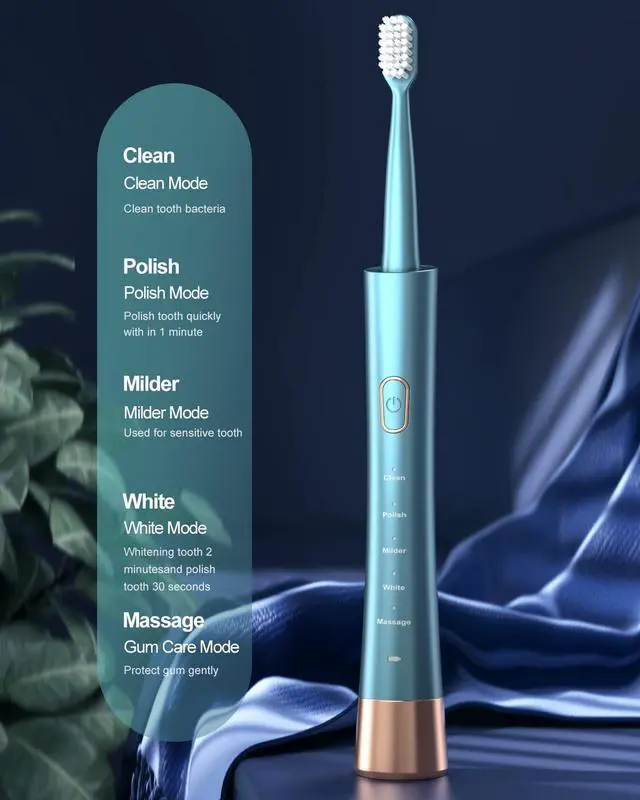Alt view image 2 of 7 - USB Rechargeable Sonic Electric Toothbrush for Adults, Powered Motor High Vibration Teeth & Gum Care, Soft Dupont Brush Heads, 2 Minutes Timer 5 Modes, Green