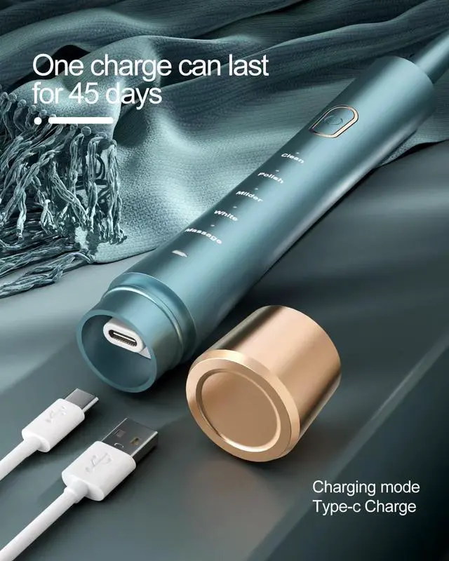 Alt view image 4 of 7 - USB Rechargeable Sonic Electric Toothbrush for Adults, Powered Motor High Vibration Teeth & Gum Care, Soft Dupont Brush Heads, 2 Minutes Timer 5 Modes, Green