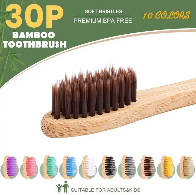 Alt view image 2 of 7 - 30 PCS Bamboo Toothbrushes, Individually Wrapped Wooden Toothbrushes Bulk | BPA Free Soft Bristles Toothbrush for Adults, Box of Two Reusable Nature Toothbrush