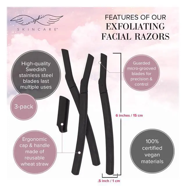 Alt view image 3 of 7 - Exfoliating Facial Razors Blades 3pc for Women Face, Eyebrows & Peach Fuzz | Wheat Straw Handle & Swedish Stainless Steel Blades, Dermaplane Face Razor for Women, Eyebrows, Peach Fuzz & Exfoliation