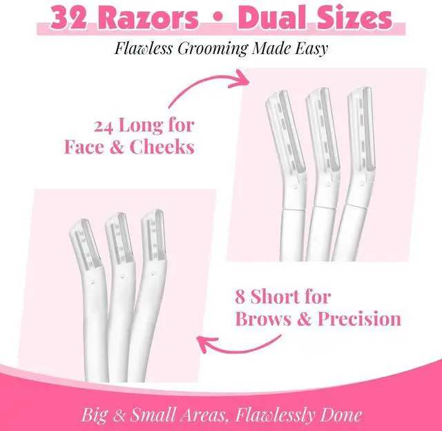 Alt view image 3 of 7 - 32-Pack Face Razors for Women Dermaplane & Eyebrow Razor Set, 24 Long + 8 Short Precision Blades for Peach Fuzz Removal, Gentle Exfoliation, Ideal for Stocking Stuffers (Clear)