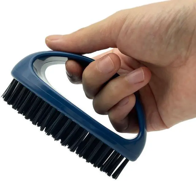 Alt view image 5 of 6 - Small Scrub Brush with Nylon Bristles Heavy Duty Cleaning Brush | Good for Household Use, Like Bathroom, Kitchen, Grout, Tiles - Non-Slip Teardrop Handle & Hangable Design - Deep Blue