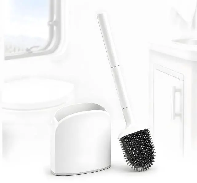Main image of RV Toilet Brush and Holder Set, Wall Mounted Silicone Toilet Bowl Brush, Compact Flat Space Saving Design for RV Camper Trailer Bathroom, White