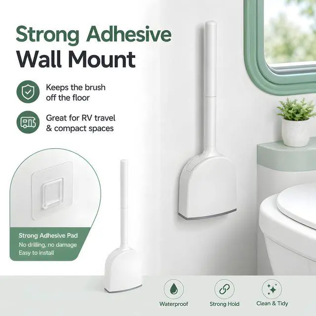 Alt view image 2 of 7 - RV Toilet Brush and Holder Set, Wall Mounted Silicone Toilet Bowl Brush, Compact Flat Space Saving Design for RV Camper Trailer Bathroom, White